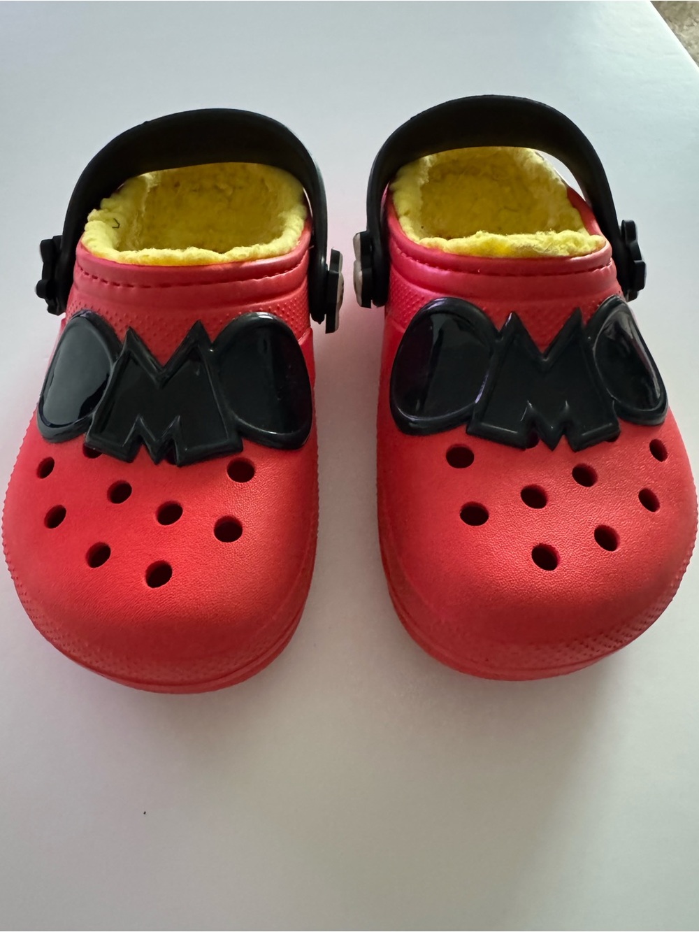 CROCS Red Kids Clogs with Yellow Fuzzy Lining and Black Back Strap